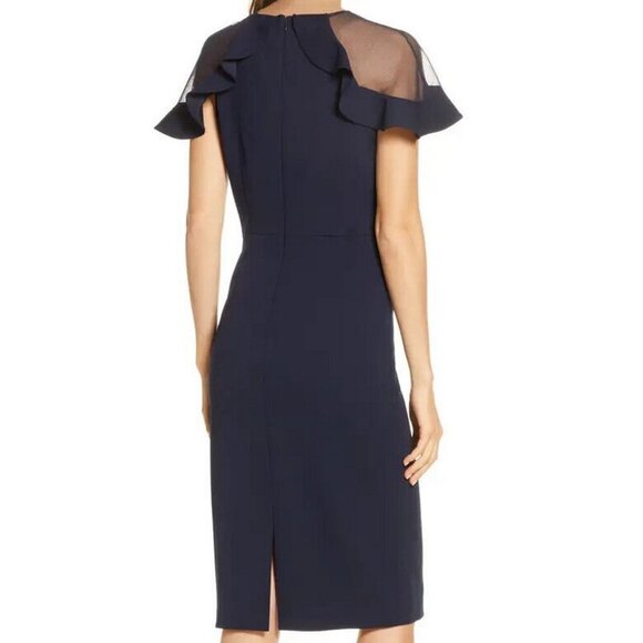 Eliza J Navy Blue Sheer Ruffle Shoulder Cocktail Dress - Picture 2 of 2